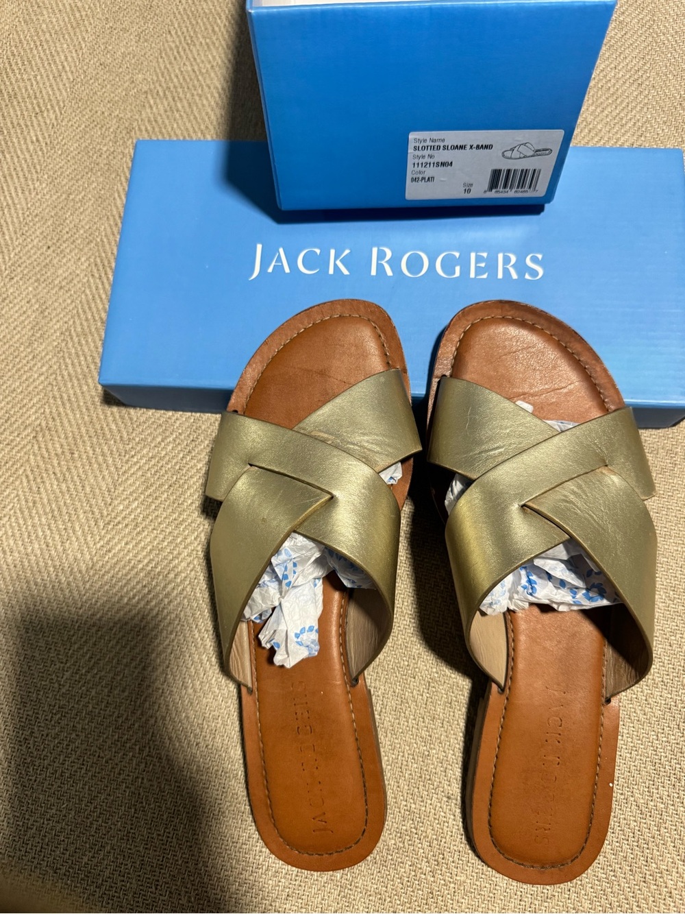 Jack Rogers Slotted Sloane Leather X-Band Sandal Size 10 PLATINUM color